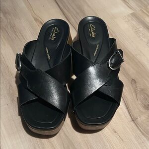 Clarks Women's Black Leather Mules with Buckle